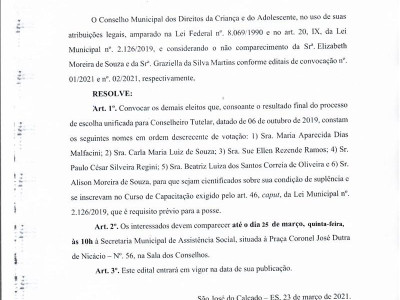 Foto 1 de 1 - EDITAL DE CONVOCAÇÃO 03/2021 - CONSELHO TUTELAR
