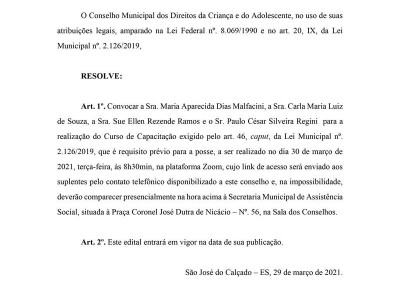 Foto 1 de 1 - EDITAL DE CONVOCAÇÃO CMDCA 04/2021