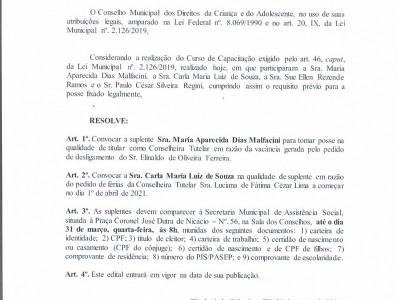 Foto 1 de 1 - EDITAL DE CONVOCAÇÃO CONSELHO TUTELAR 05/2021