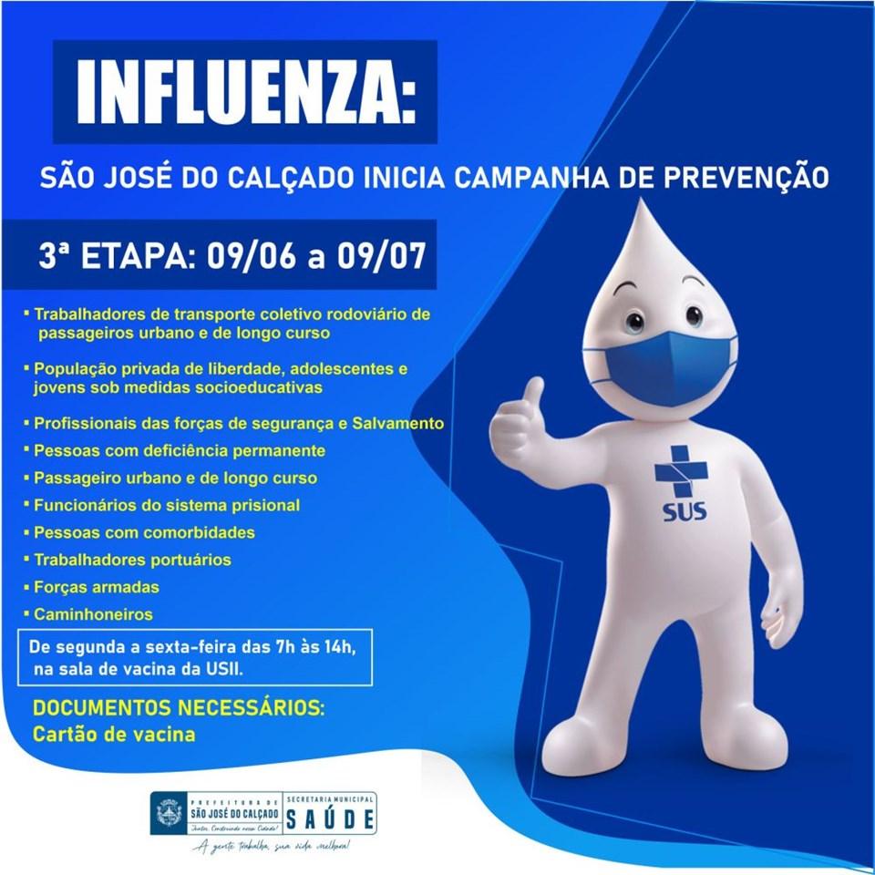 INFLUENZA: SÃO JOSÉ DO CALÇADO INICIA 3ª ETAPA DE VACINAÇÃO DE PREVENÇÃO NESTA QUARTA-FEIRA