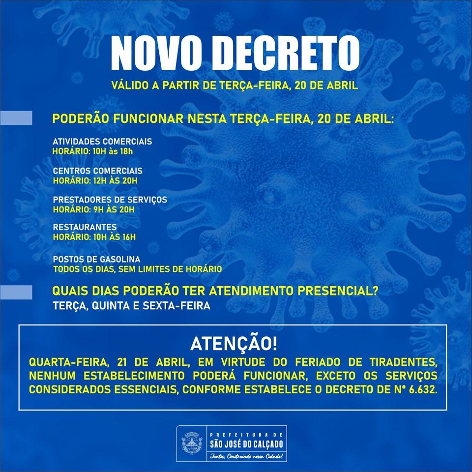 NOVAS MEDIDAS DE ACORDO COM O DECRETO Nº 6.655, DE 19 ABRIL DE 2020 PODERÃO FUNCIONAR NESTA TERÇA-FEIRA, 20 DE ABRIL: