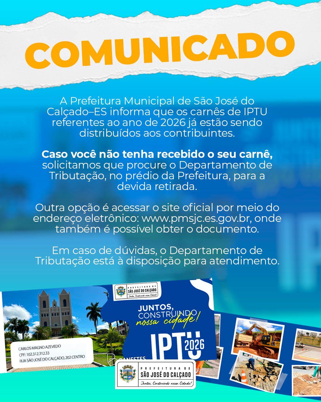 Os carnês de IPTU 2026 já estão sendo distribuídos em São José do Calçado.